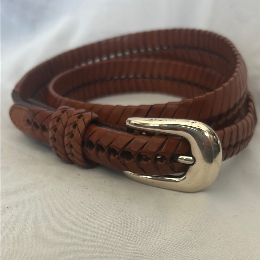 Brown Braided Leather Belt with Silver Buckle